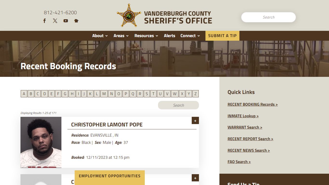 Recent Booking Records - Vanderburgh County Sheriff's Office